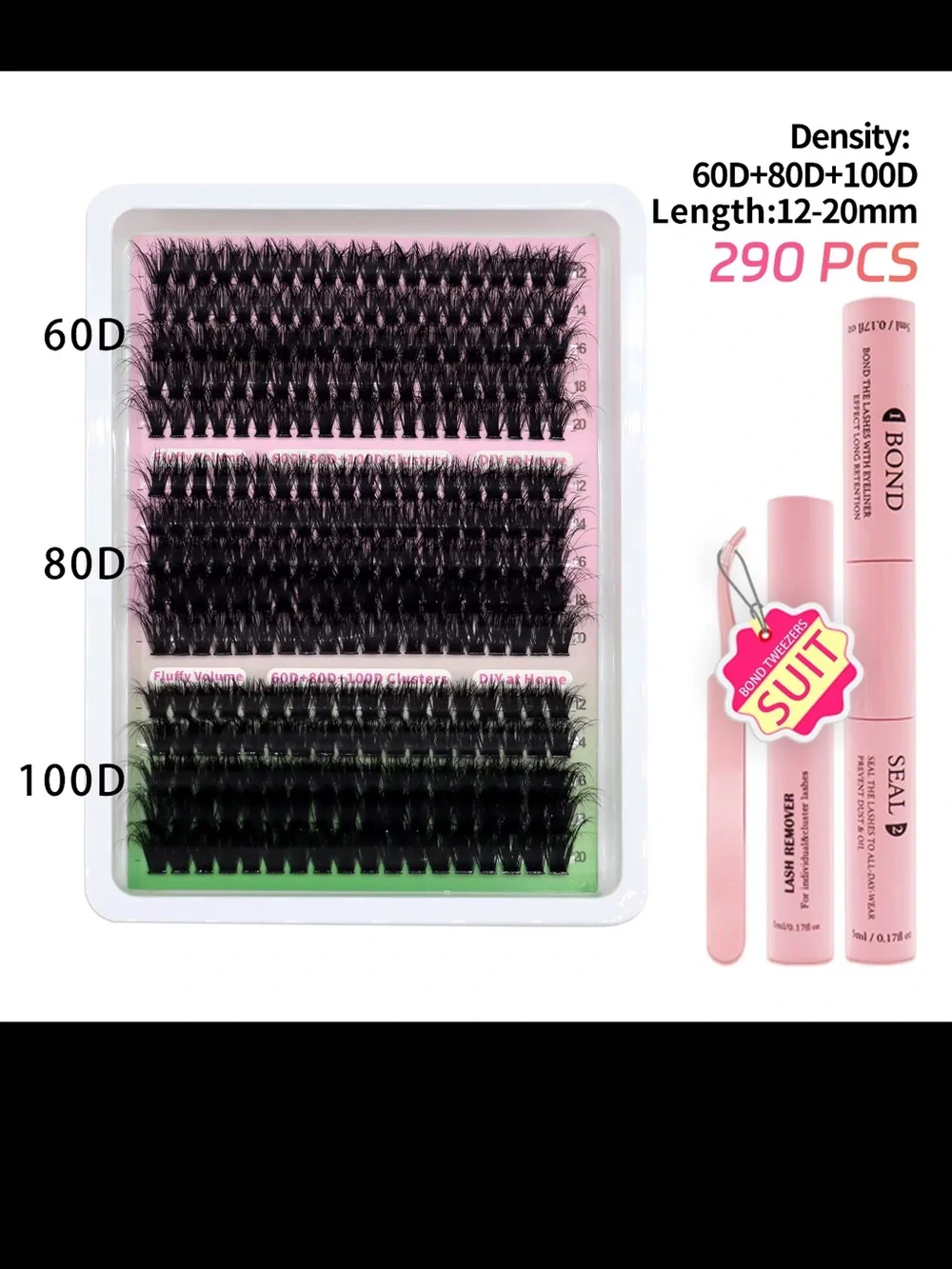 3D Fluffy Cluster Lash Set with Pink Adhesive & Applicator - Black